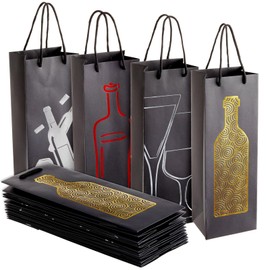 Juvale Wine Gift Bag Set with Handles - 12 Pack, 13.7 x 4.6 x 4 In, Gold, Silver, Red & Black Metallic Foil Designs - Wine Bottle Bags for Champagne & Presents