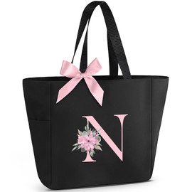 Vavabox Tote Bag, A-Z Initial Monogrammed Waterproof Tote Bag, Bridesmaid Gifts for Women, Black and Pink (N, Black)