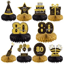 Gexolenu 10 Pcs 80th Birthday Honeycomb Centerpieces Gold Black Cheers to 80 Years Birthday Centerpieces Tables Toppers for 80th Birthday Decorations 80 Fabulous Birthday Party Decorations Supply