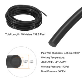 sourcing map Pneumatic Tubing Pipe Pu Hose 4mm OD x 2.5mm ID 10 Meters(32.8 FT) Air Compressor PU Polyurethane Line Hose Tube for Air Compressor Water Fluid Transfer, Black