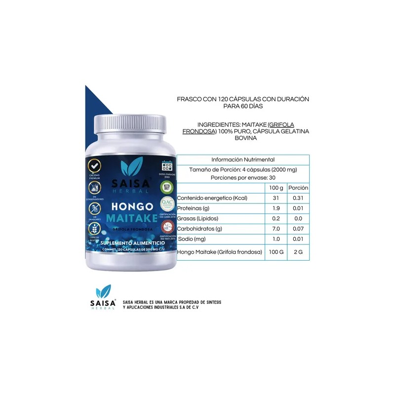 Maitake Orgánico 120 Cápsulas Organic Maitake Supplement, Immune Support, Saisa