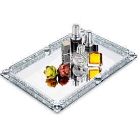 LFGKeng Crystal Glass Tray, Modern Mirror Jewelry Dresser Trinket Trays with Crushed Diamond, 11.8" x 7.9"Rectangular Makeup Perfume Tray for Bathroom Bedroom, Home Decor, Hotel Banquet, Party(Silver)