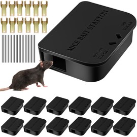 12 Pack Mouse Bait Station with Keys - Outdoor Mice Station Reusable Small Rats Poisoning Station Box for Indoor Outdoor Kitchen Garage, Safe for Kids and Pets, Black, 5"x 3.68" x 1.26"