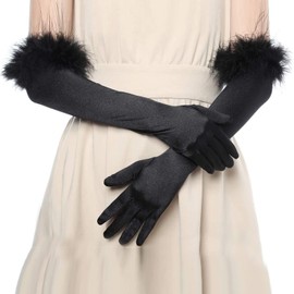 Long Opera Gloves 1920s Bridal Fancy Dress Gloves Ladies Elegant Evening Gloves Stretch Satin Classic Black Elbow Length Gloves with Feather Cuff Wedding Prom Party Pageant Dance Gloves for Women