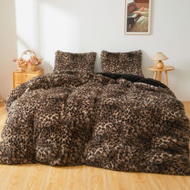 XeGe Fluffy Faux Fur Cheetah Print Duvet Cover Set, Brown and Black, Queen