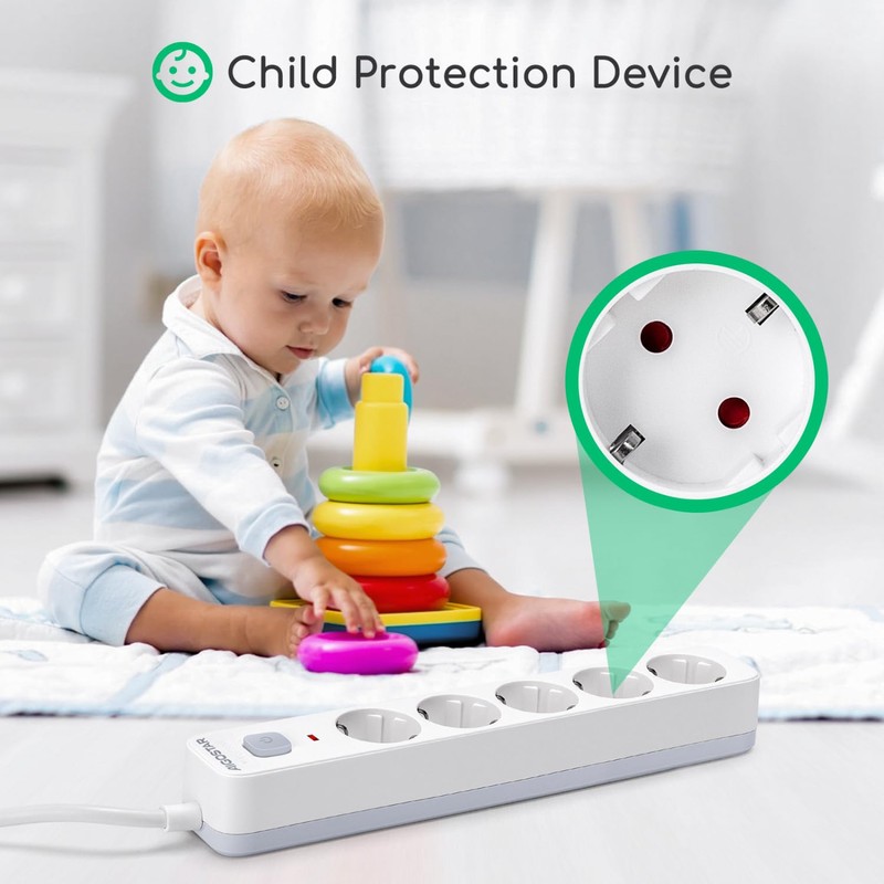 Aigostar 5-Way Power Strip with Switch, Multiple Socket with Child