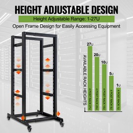 27U 4 Post Server Rack – Open Frame Rack for 19 Inch Equipment, Adjustable Depth 4-Post Network Rack with Casters Wheels, 27U Server Rack 881lbs Capacity, Black