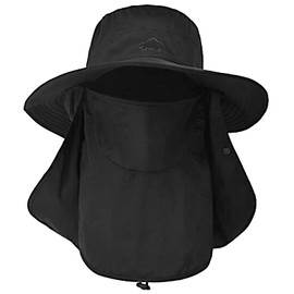 ehsbuy Fishing Hat Men's Wide Brim Mesh Tropical Hat Safari Hat Foldable Sun Hat with Face Cover Neck Flap, black
