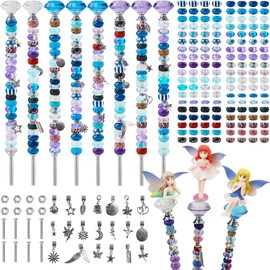 200+ Pcs Beaded Garden Stakes, DIY Fairy Wand Garden Stake Beads Kits with 160 Colorful Round Large Hole Beads with 8 Crystal Stopper Top, 8 Threaded Rod and 3 Garden Fairy for Outdoor Decoration