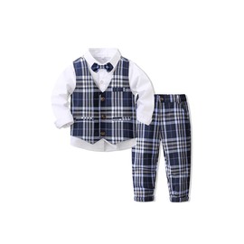 Abolai Baby Boys' 4 Piece Gentleman Set with White Shirt,Bowtie,Plaid Vest and Plaid Pants White 80