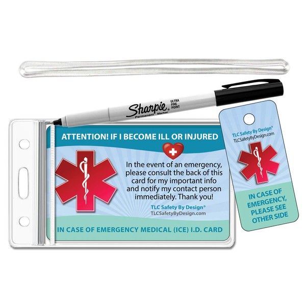 Medical ICE Alert in Case of Emergency Allergy Safety I.D. Identification Plastic Wallet Card and Key tag with Emergency Contact Call Card (Qty. 1 Complete Bundle from TLC)