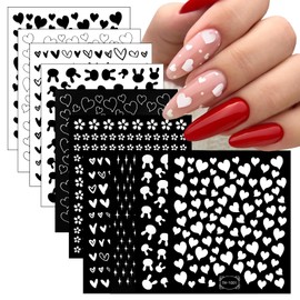 Lifextol 10 Sheets Black Heart Nail Stickers, 3D Nail Stickers Nail Decals for Nail decorations, Star Nail Stickers for Nail Art, White Spring Nail Stickers Flower Nail Decals for Nail Art