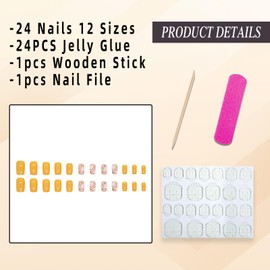 Jremg Yellow Press on Nails Medium Square Fake Nails with Flower Bee Designs Cute Spring Summer Glue on Nails Glossy Solid Color False Nails Reusable Acrylic Artificial Nails for Women Girls 24Pcs
