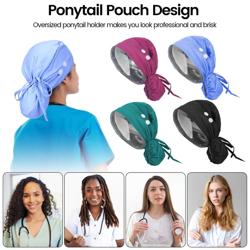JoyRing - Gorras quirúrgicas para mujer, 4 gorras ajustables con