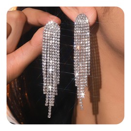 CCAIPU Dangle Tassel Earrings for Women, Bohemian Crystal Long Tassel Earrings, Bling Drop Earrings, Party, Wedding, Chain Earrings, Jewellery Gift for Wife Mother Girls, Alloy Steel, Cubic Zirconia