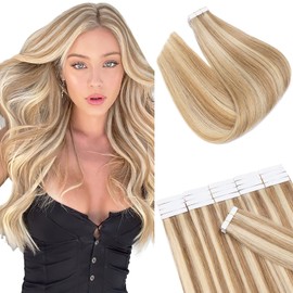 Hairro Tape In Hair Extensions Human Hair Tape Ins Glue In Skin Weft Rooted Tape On Hair Extensions Highlight Remy Hair Extensions For Women 16 inch 30g 20pcs #12P613 Golden Brown & Bleach Blonde