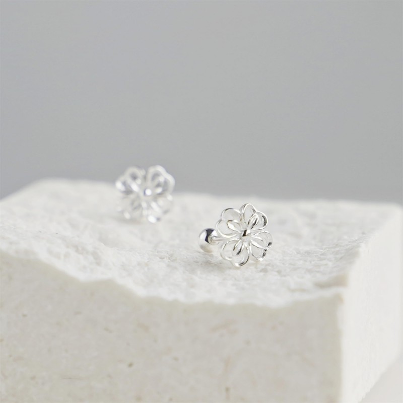 Fine Silver Lucky Four-Leaf Clover Screw Back Beaded Stud Earrings