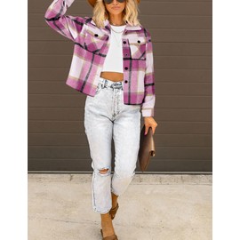 HOTOUCH Shackets for Women 2024 Short Flannel Shacket Cropped Button Down Shirts Plaid Coat Tops 2024