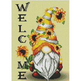 Gofission 11ct Stamped Cross Stitch Kits for Adults Beginners, Gnome and Sunflower DIY Pre Printed Cross Stitch Embroidery Set with Accessories Wall Decor 30x40cm (Welcome)