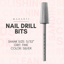 Makartt 5 in 1 Nail Drill Bits, 3/32" Shank Tungsten Carbide Tapered Drill Bits for Nails Fast Removing Acrylic Nail Hard Gels Cuticle Professional Nail Efile Bit For Nail Drill Machine(Fine, Silver)