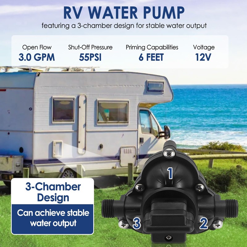 Water Diaphragm Pump 12V DC 3.0 GPM 45 PSI Quiet