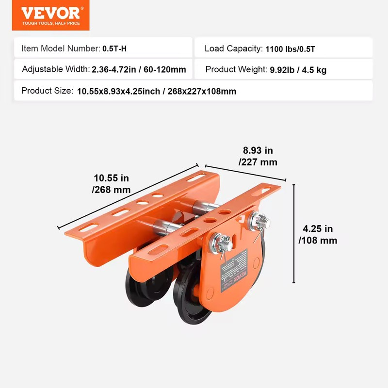 SucceBuy 0.5T/1T Manual Push Beam Trolley for Electric Hoists, Adjustable