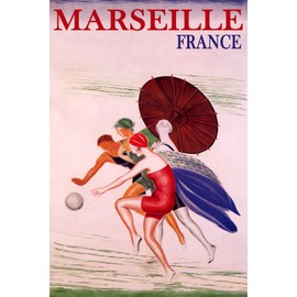 WONDERFULITEMS Marseille France Summer Beach Happy Women Playing Ball Sun Umbrella Travel 12" x 16" Image Size Vintage Poster repro Canvas Rolled up. We Have Other Sizes