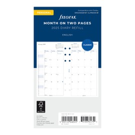 Filofax Calendar Diary Refill, Personal/Compact Size, Month-to-View, White Paper, English, 2025 (C68410-25)