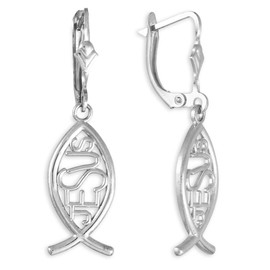 925 Sterling Silver Vertical Jesus Ichthus Christian Fish Earrings