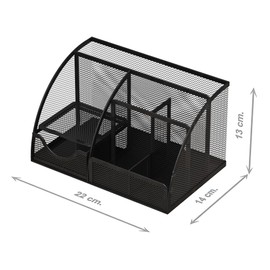 Desk Organizer and Pencil Case with Drawer and 6 Compartments in Black Metal Mesh. Space-Saving Desk Organizer for Pens, Pencils, Sticky Notes, Clips and Staplers
