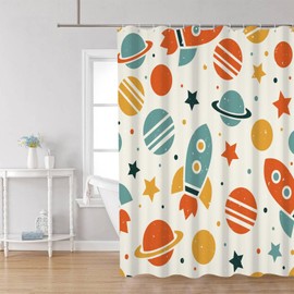 Kids Shower Curtain, Cartoon Rockets and Planets Shower Curtain for Bathroom Blue and Orange Shower Curtain for Boys Girls Waterproof Fabric Shower Curtain Set with Hooks, 72x72 Inch