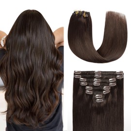Sunya Clip in Hair Extensions Real Human Hair Dark Brown Human Hair Clip in Extensions Double Weft Brown Human Hair Clip ins Straight Hair Extensions Clip ins 12 Inch #2 8Pcs/100g