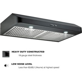EVERKITCH Range Hood 30inch Under Cabinet in Black, 450CFM Kitchen Vent Hood with Permanent Stainless Steel Filters