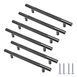 Cjueiom 6 Pack Matt Black Cupboard Handles 128mm Hole Center T Bar Handles, Knurled Drawer Handles Long Wardrobe Door Handles Pulls with Diamond Pattern, Kitchen Cabinet Handles for Bedroom Drawer