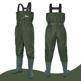 Ouzong Bootfoot Fishing Chest Waders for Men Women with Boots 2-Ply Nylon/PVC Waterproof Hunting Waders with Boots Hanger (Green-008)