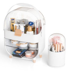 Yieach Countertop Makeup Organizer With Drawers,Large Capacity Skincare Organizer With a Makeup Brush Holder,Cosmetic Display Cases with Clear Cover for Bathroom,Vanity Beauty Product Organizers,White