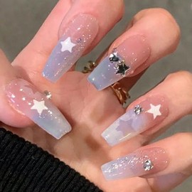 24 Pcs Press on Nails Glitter Star Patch 3D Design Medium Square Fake Nails with Kits Acrylic Full Cover Nails Decoration for Women Girls 5027