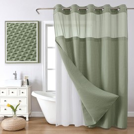 FY&XZH No Hook Waffle Weave Shower Curtain with Snap-in Fabric Liner Set, Hotel Style Bathroom No kook Curtain Set, Mesh Top Window, Waterproof & Washable,72W x 75H, Green