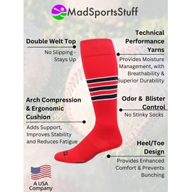 MadSportsStuff Dugout 3 Stripe Baseball Socks (Scarlet/Navy/White, Medium) - Scarlet/Navy/White,Medium