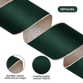 Rilisili Forest Green Velvet Wired Ribbon 2-1/2 Inch × 10 Yards with Gold Glitter Velvet Christmas Ribbon for Wreath Supplies Christmas Tree Decoration Gift Wrapping Crafts