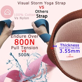 8ft Thick Brown Yoga Strap for Stretching Belts with Dual Metal Loops Storage Bag Set for Foot and Leg, Cotton Resistance Wide Workout Band Exercise Ring for Man Woman, Fitness Adjustable D-Ring