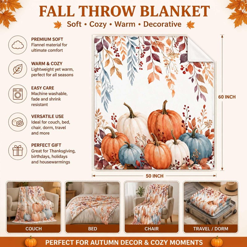 Fall Throw Blanket Soft Cozy Autumn Leaves Pumpkin Blankets and