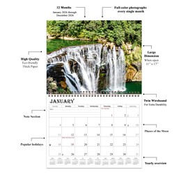 2026 Spiral-bound Wall Calendar (Waterfalls) - 12 Months Desktop/Wall Calendar/Planner (11x17)