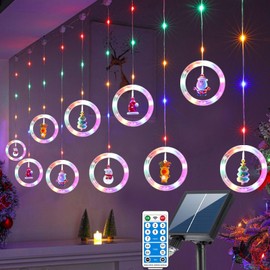 Solar Christmas Window Lights Outdoor Waterproof, 9.8Ft * 10 Round LED Solar Power Curtain Fairy String Lights with Remote, Multi Color Solar Hanging Ring Lights for Xmas Indoor Bedroom Wedding Decor