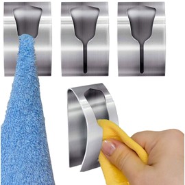 Tatkraft IDA 4 Stück Handtuchhalter Bad und Küche, Geschirrtuchhalter Ohne Bohren, Handtuchklemme Selbstklebende Wandhaken, Gebürsteter Edelstahl