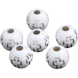 JGFinds Small Round Religious Spacer Beads, 500 Pack Ball Shaped Bead Spacers, 8mm (1/3 Inch) with 2mm Large Hole, Acrylic with Wood Look, Christian Beads (Silver Cross)