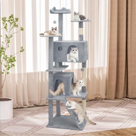 Athena Collection Modern Cat Tree Tower, 77 Inch Tall Cat Tree Climbing Tower with Scratching Post 2 Condo Multi-Level Activity Center and Playing Ball for Indoor Large Adult, Grey