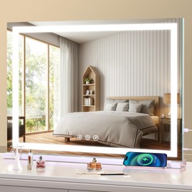 Large Lighted Vanity Mirror with Lights, 23" x 19" Light Up Make up Mirror with Smart Touch 3 Colors Dimmable, Tabletop or Wall-Mounted, Memory Function