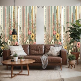 Ambesonne Floral Window Curtains Pack of 2, Vintage Botanical Blossoms with Grunge Weathered Stripes Print, Lightweight Set with Rod Pocket, 4 Panels of - 28" x 95", Beige Reseda Green and Blush