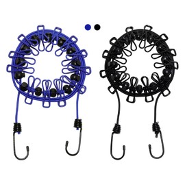 2-Piece Portable Clothes Line with 12 Pegs, Retractable Travel Clothesline, Outdoor Camping Accessories for Drying in Garden, Resort, Balcony (Blue+Black)